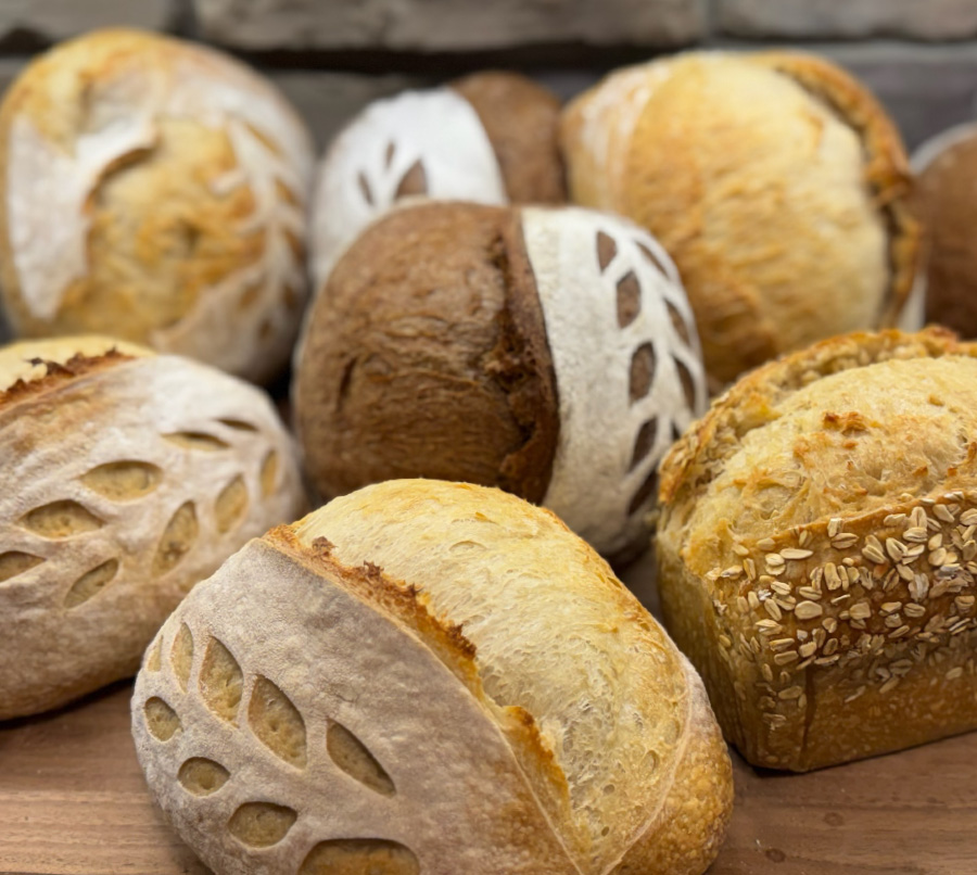 A counter full of sourdough bread